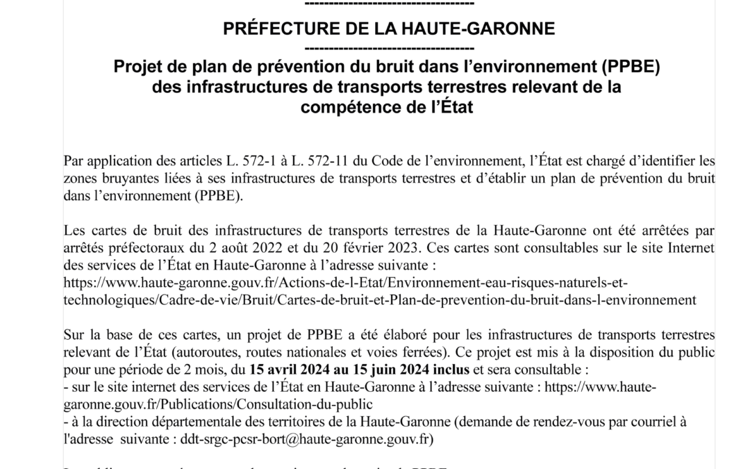Avis de mise à disposition du public PPBE État Haute-Garonne