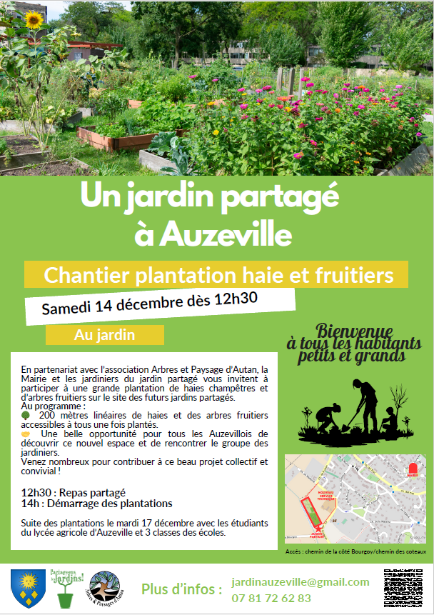 Affiche Jardin partagé Chantier plantation haie et fruitiers samedi 14 décembre dès 12h30